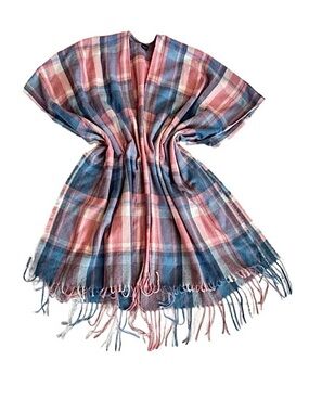 PONCHO ~ Women’s Plaid Pink and Blue and White One Size Fits All